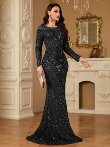 hezixi High-Quality Stretchy Sequin Maxi Dress, Comfortable Fit For All Figures, Sheer Round Neck Long Sleeve Bodycon Mermaid Hem Design, Solid Color Elegant Luxury Women's Evening Gown, Suitable For Parties, Weddings, Formal Events, Galas - 黑色 - 查看 3