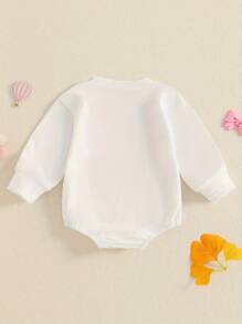 Bodys de una pieza para bebé niña con sudadera, bordado de lazo y letra, cuello redondo, manga larga para otoño - Blanco - Ver 3
