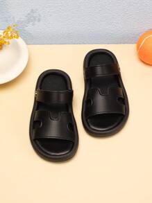 1 双黑色 PU 幼儿凉鞋，软底防滑婴儿拖鞋，婴儿学步鞋，适合夏季