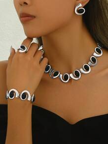 4Pcs Women Jewelry Set, Featuring Asymmetrical Spiral Shapes Embedded With Black Rhinestones, Classic Necklace, Bracelet, Earrings And Ring Combo. Versatile For Daily, Party And Occasion Wear. Suitable As Gift For Loved Ones And Friends.