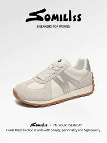 somiliss 1 Pair Women's Sporty Non-Slip Lace-Up Casual Sneakers, Comfortable Tennis Joggers Classic Retro Flat Low-Top Outdoor Running Walking Shoes, Apricot Color - Apricot - View 2