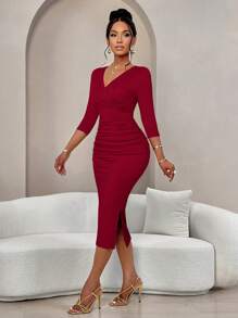 AIJ Amarilo 女士时尚波浪印花交叉裹身七分袖 V 领褶饰紧身连衣裙 - 玫瑰紅 - 查看 5