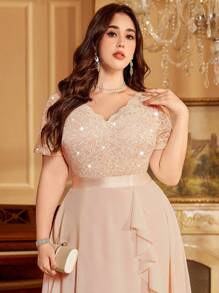 Plus Elegant V-Neck Sequin Lace Contrast Chiffon Ruffle Trim Cocktail Party Swing Dress - Champagne - View 11
