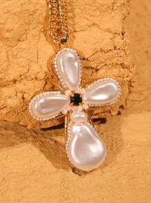 1 pièce Collier pendentif croix en cristal de turquoise de style boho occidental, perle de faux. Convient pour les vacances, les fêtes, les cadeaux et le port quotidien pour les femmes