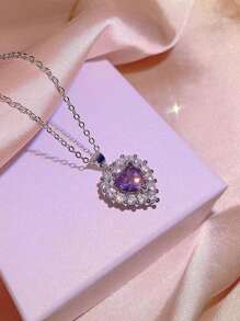 Bộ 4 chiếc/Bộ trang sức vòng cổ, nhẫn, hoa tai đính đá trái tim màu tím thanh lịch, thích hợp để đeo hàng ngày, quà tặng lý tưởng cho ngày lễ tình nhân, mẹ, mẹ, ngày của mẹ, quà tặng - Màu tím - Xem 4