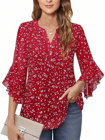 Camicetta elegante da donna con scollo a V, in chiffon con stampa floreale e rifiniture arricciate