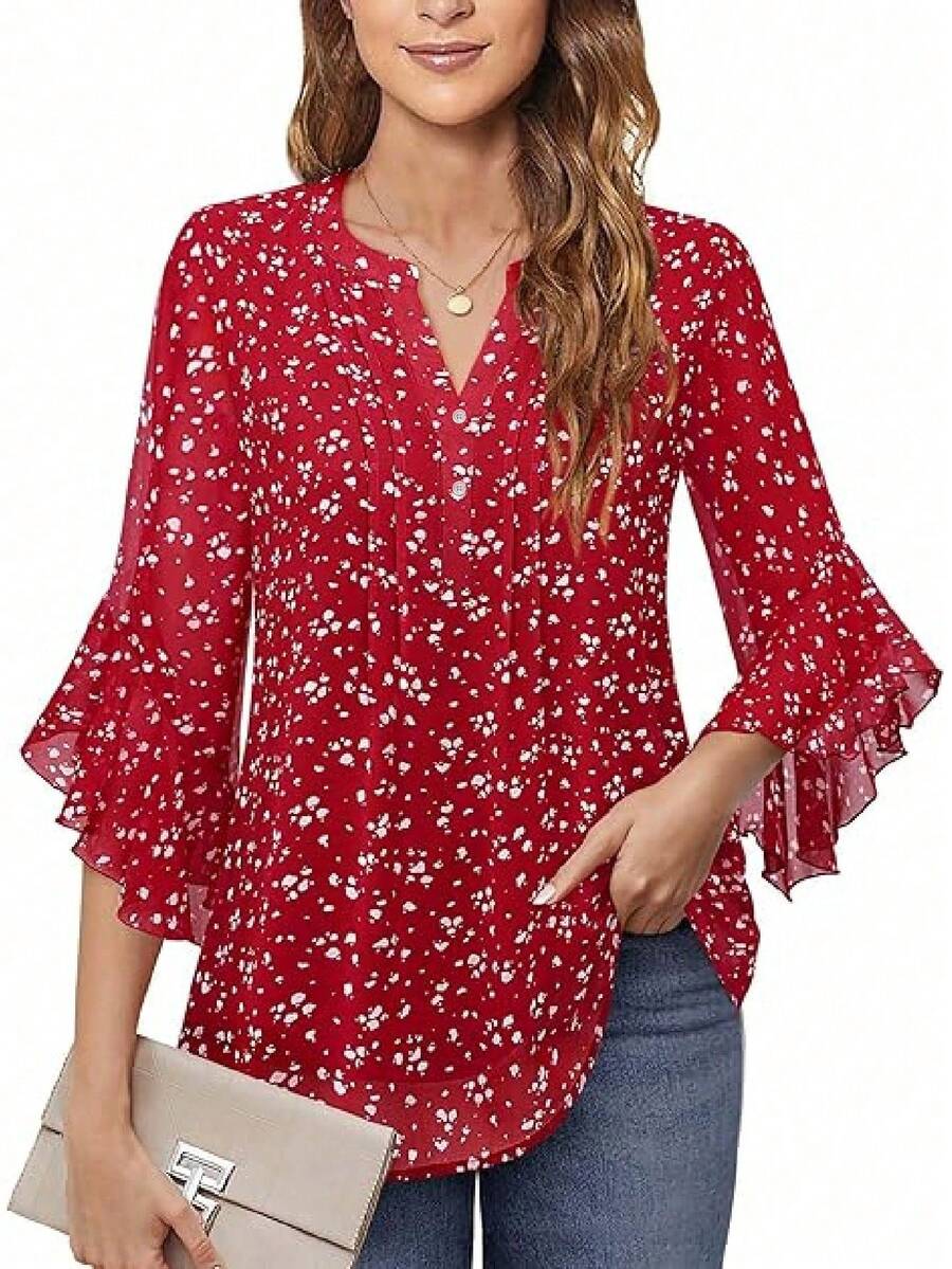 Camicetta elegante da donna con scollo a V, in chiffon con stampa floreale e rifiniture arricciate - Rosso - Visualizzare 1