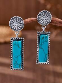 MONLOTTI 1 Pair Vintage Western Country Retro Style Turquoise Geometric Rectangle Patchwork Earrings, Bohemian Jewelry For Women, Suitable For Daily Wear, Festivals, Parties/Jewelry Gift