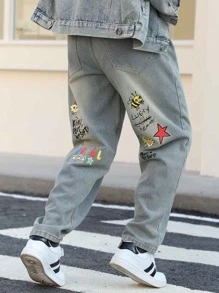 Jeans imprimés stylés pour garçons adolescents et adolescents, pantalons décontracté à la cheville pour garçons, pantalons longs en jean mode