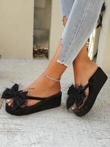Faux Fur Slippers With Bow Decor, Thick Sole, Warm Cotton Lining, Fashion Plush House Slippers, Suitable For Autumn/Winter