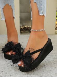 Faux Fur Slippers With Bow Decor, Thick Sole, Warm Cotton Lining, Fashion Plush House Slippers, Suitable For Autumn/Winter