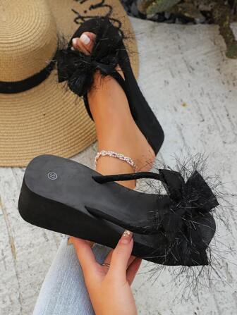 Faux Fur Slippers With Bow Decor, Thick Sole, Warm Cotton Lining, Fashion Plush House Slippers, Suitable For Autumn/Winter