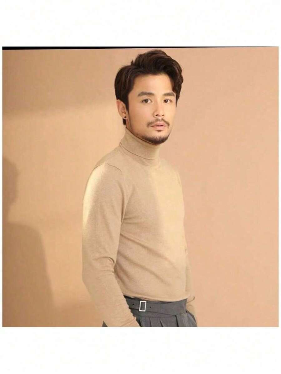 Ribbed Turtleneck Long Sleeve T-Shirt - 卡其色 - 查看 1