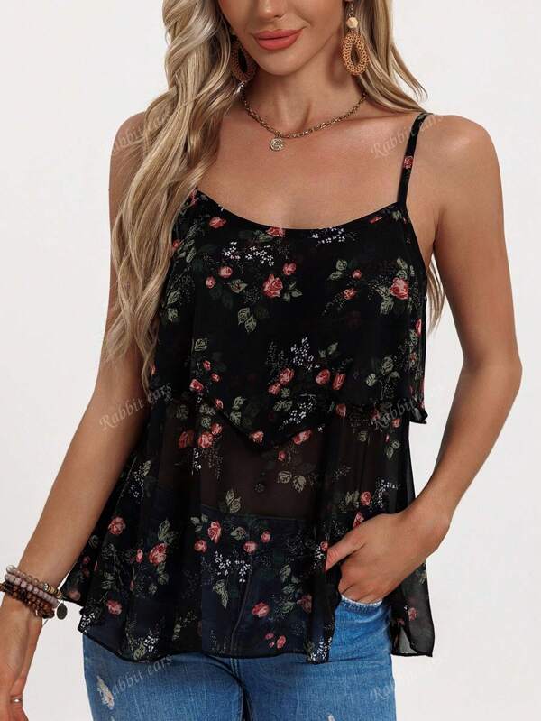 New Vintage Style Elegant Women Summer Cami Top, Casual Vacation Semi-Sheer Floral Print Camisole, Home Office Ruffle Strap Tank Top