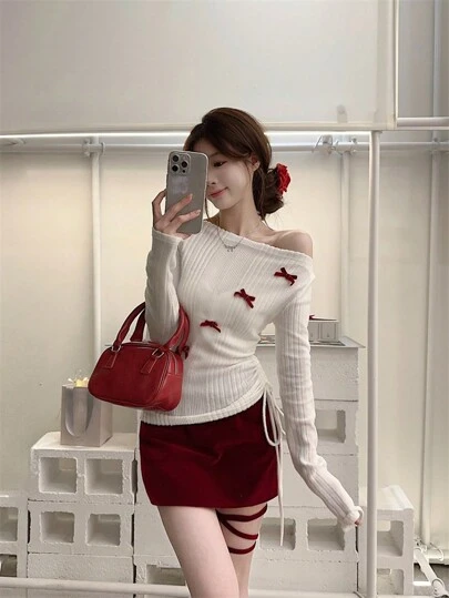 女士天鹅绒蝴蝶结露肩设计打底上衣，长袖保暖冬季上衣