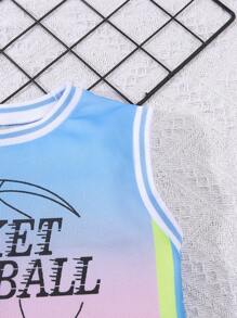 2pcs/Set Boys' Basketball Sports Outfit, Short Sleeve Shirt And Shorts, Casual Comfort Blue-Pink-Purple Gradient Design, Basketball No.23 Print, Suitable For Sports And Outdoor Wear