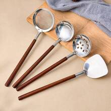 Multi-Functional Mini Kitchen Utensil, 304 Stainless Steel Ladle, Colander, Turner, Anti Scalding Wooden Handle Cooking Spoon, Cooking Tools Including Soup Spoon, Slotted Spoon,Spatula, Dishwasher Safe, Suitable For Kitchen Restaurant