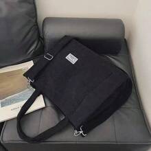 Women's Large Corduroy Zipper Shoulder Bag - Black - View 4