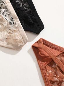 3pcs/Set Solid Color Lace Trim Low Waist Sexy Romantic Summer Ladies Thong Panties