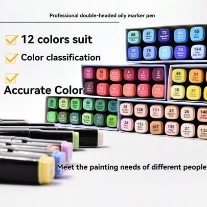 12 Color Dual Headed Marker Pen Set - Non Fading, Waterproof, Oily Ink For Drawing And Doodling - Perfect For Manga, Art, And School Use Back To School