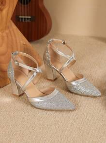 Women's Silver Strap Pointed Toe High Heel Sandals, Fashionable Pumps For Autumn/Winter - Silver - View 5