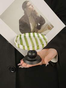 1pc Simple Stripe Ceramic Pedestal Tray, Ins Striped Jewelry Tray, Home Afternoon Tea, Snacks, Desserts Serving Tray, Elegant Pedestal Tray For Festival Gifts Back To School - Multicolor - View 14