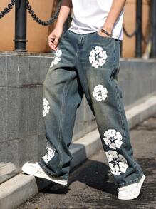 HEHCN Men's Floral Print Pockets Casual Loose Fit Y2K Retro Wide Leg Blue Jeans, Emo Style