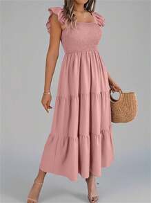 New Summer Solid Color Square Neck Backless Frill Trim Casual Slip Dress, Cake Pink Elegant - Pink - View 3