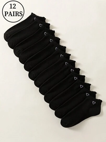 12 Pairs Black Heart Lace Socks, Cute & Sweet Style For School, Daily Wear, Soft, Breathable, Odor-Resistant Women Socks