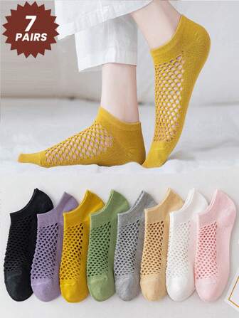7双女士随机颜色透气网眼船袜，简约纯色夏季短袜，适合学生