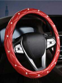 1pc Rhinestone Embellished Faux Sheepskin Car Steering Wheel Cover, Anti-Slip, Fits 14.5-15 Inch, Holiday Gift - Multicolor - View 9