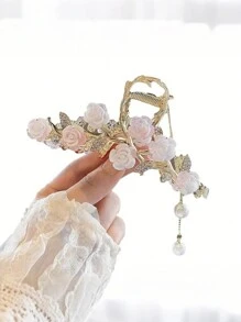 1pc Women Elegant Sophisticated Alloy Flocked Rose Rhinestones, Faux Pearl & Tassel Butterfly Hair Claw Clip Suitable For Everyday Use Hair Clips Hair Jaw Clip Hair Clamps Hair Clutch Hair Catcher Clip Fall Winter Hair Accessories For Women For Vacation Outfits Woman - Pink - View 3