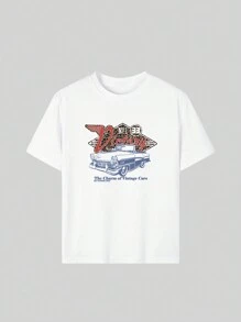 1pc Tween Girl Casual Leopard Print & Retro Car Color Graphic Round Neck Short Sleeve T-Shirt, Summer Student Young - Brings Joy & Happiness To Every Child! - 白色 - 查看 3