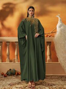 AmazingHoney Elegant Green Loose-Fit Kaftan Dress With Gold Sequin Embellishments, Party Modest Abaya, Formal Muslim Dress, Evening Gown,Abaya Dress (Loose Fit– Please Check Size Chart)