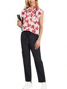 2pcs Set Heart Print Stand Collar Top And Pants Nurse Scrub Uniform - Multicolor - View 6