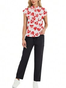 2pcs Set Heart Print Stand Collar Top And Pants Nurse Scrub Uniform - Multicolor - View 5