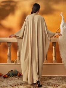 AmazingHoney 优雅米色宽松卡夫坦长袍，饰以金色亮片，适合派对、正式场合、晚宴等场合，尺码偏大（请参考尺码表），春季简约风格。 - 杏色 - 查看 3