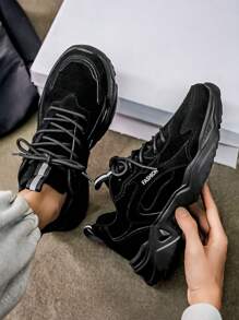 Men's Black & Grey Mesh Patchwork Design Comfortable Running Shoes, Fashion Black Outdoor Casual Sports Sneakers