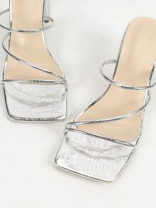 Women's Silver Square Toe Chunky Heel Slip-On High Heel Sandals, Elegant Stylish Party Shoes, Comfortable & Versatile