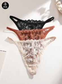 3pcs/Set Solid Color Lace Trim Low Waist Sexy Romantic Summer Ladies Thong Panties