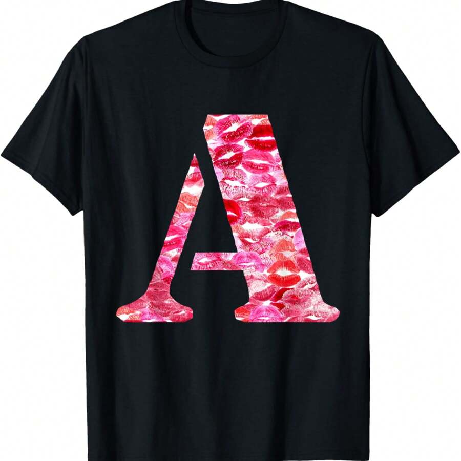 Lipstick Kisses For Boyfriend Letter A T-Shirt - 黑色 - 查看 1