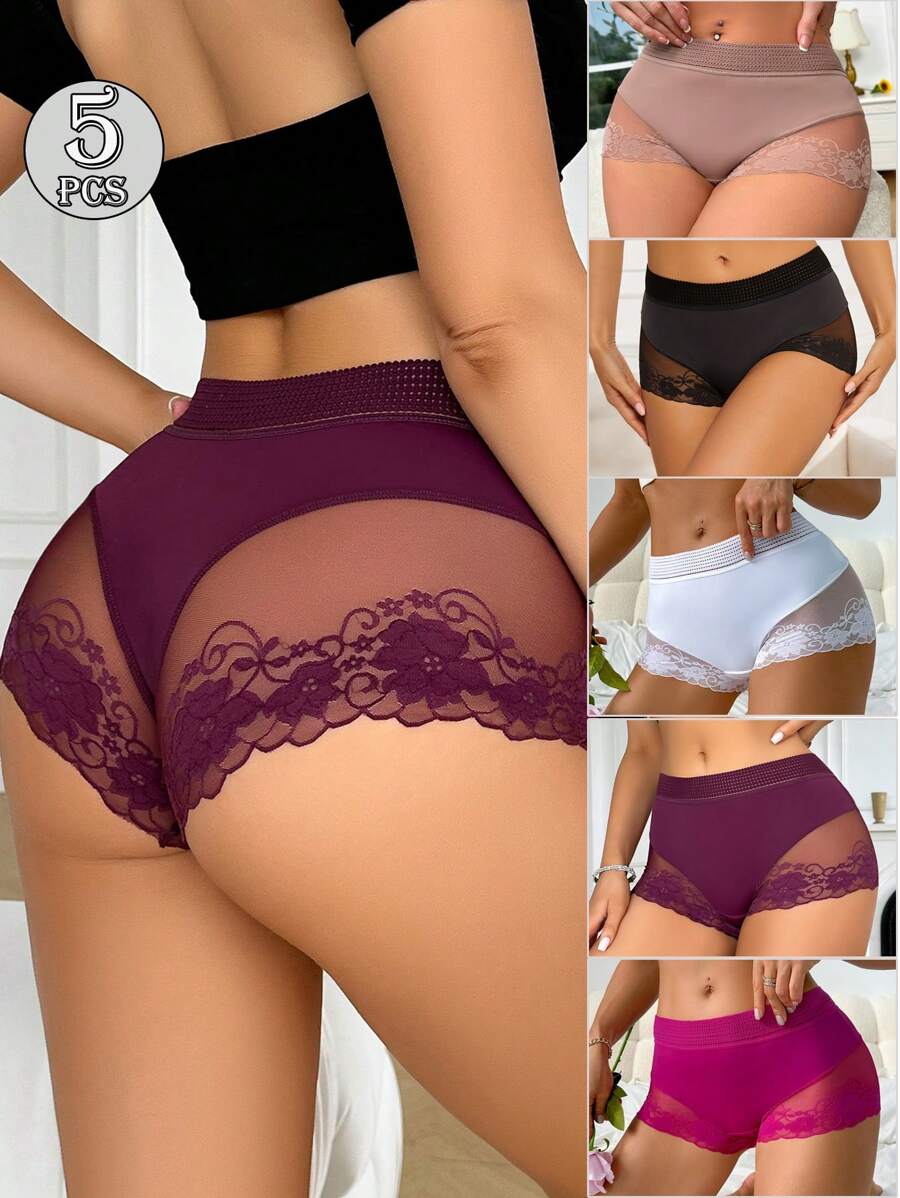 5 Pieces Boxers Women's Lace Shorts Underwear Lace Patchwork Semi-Transparent Lace Lightweight Lace Breathable Romantic Flowers And Flowers Quick-Drying Comfortable Breathable Transparent - Multicolor - View 1