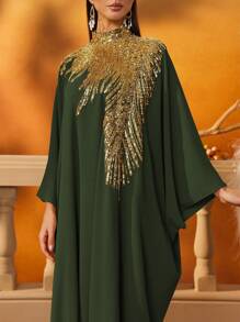 AmazingHoney Elegant Green Loose-Fit Kaftan Dress With Gold Sequin Embellishments, Party Modest Abaya, Formal Muslim Dress, Evening Gown,Abaya Dress (Loose Fit– Please Check Size Chart)