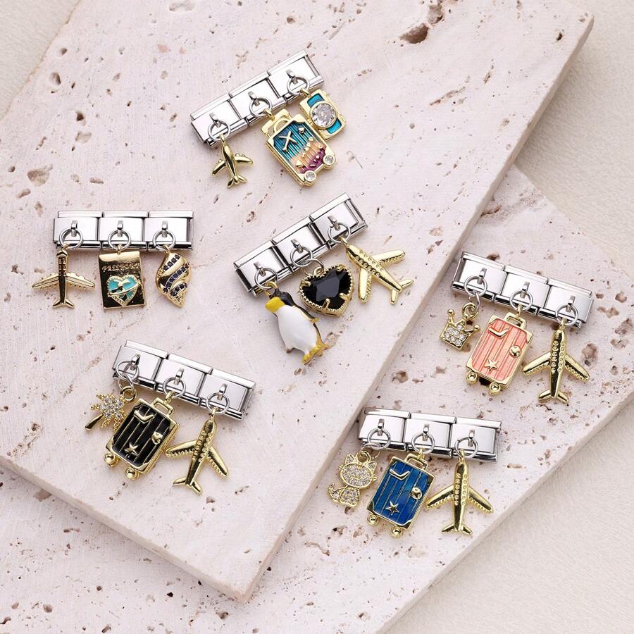 1 pieza Componentes para pulsera de acero inoxidable estilo italiano, con tres colgantes combinados, para hacer joyas DIY de pulseras y collares, se puede combinar libremente con diferentes estilos - módulo italiano - Ver 1