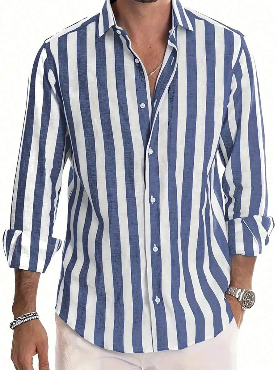 Men's Cotton Linen Striped Long Sleeve Shirt With Color Block, Ideal For Spring And Fall, A Comfortable And Casual Option As A Gift - 藍色 - 查看 1