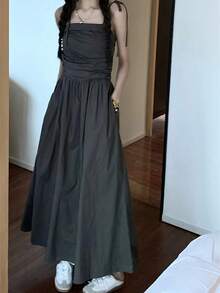 女士时尚收腰A字长连衣裙，夏季优雅 - 深灰色 - 查看 5
