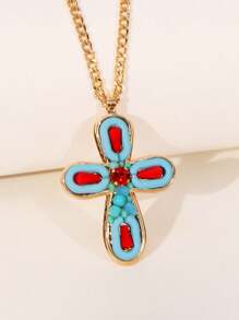 1 pièce Collier pendentif croix en cristal de turquoise de style boho occidental, perle de faux. Convient pour les vacances, les fêtes, les cadeaux et le port quotidien pour les femmes