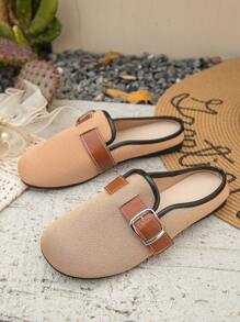 Cross-Border Plus Size 35-43 New Spring & Autumn Letter Metallic Square Buckle Backless Slip-On Flat Sandals, Suitable For Dress, Everyday Wear