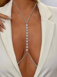 1pc Heart Shaped Crystal Decorated Chest Chain, Sexy Body Chain Accessory, Fashionable For Nightclub, European & American Style - Silver - View 2