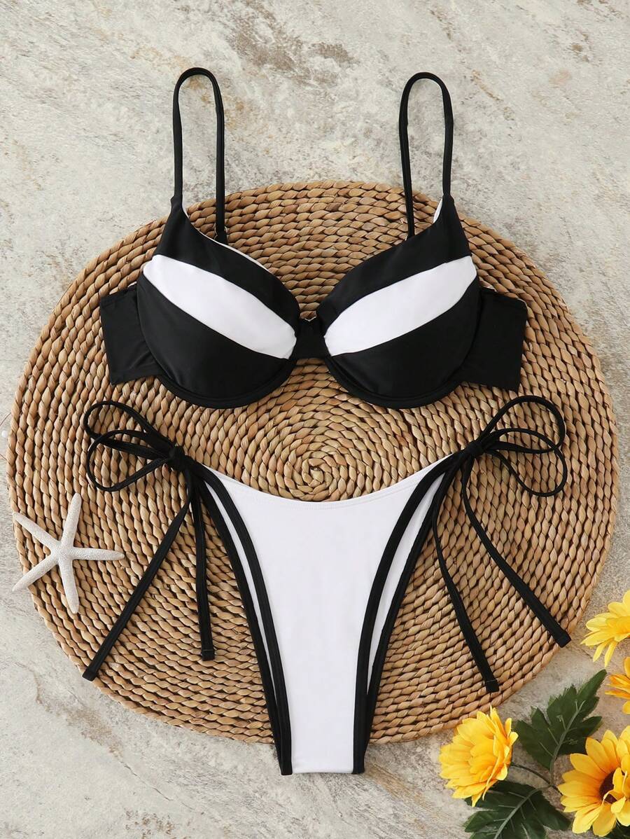 New Arrivals Black & White Patchwork Bikini Set, Backless Tie Swimwear, For Summer Beach Vacation